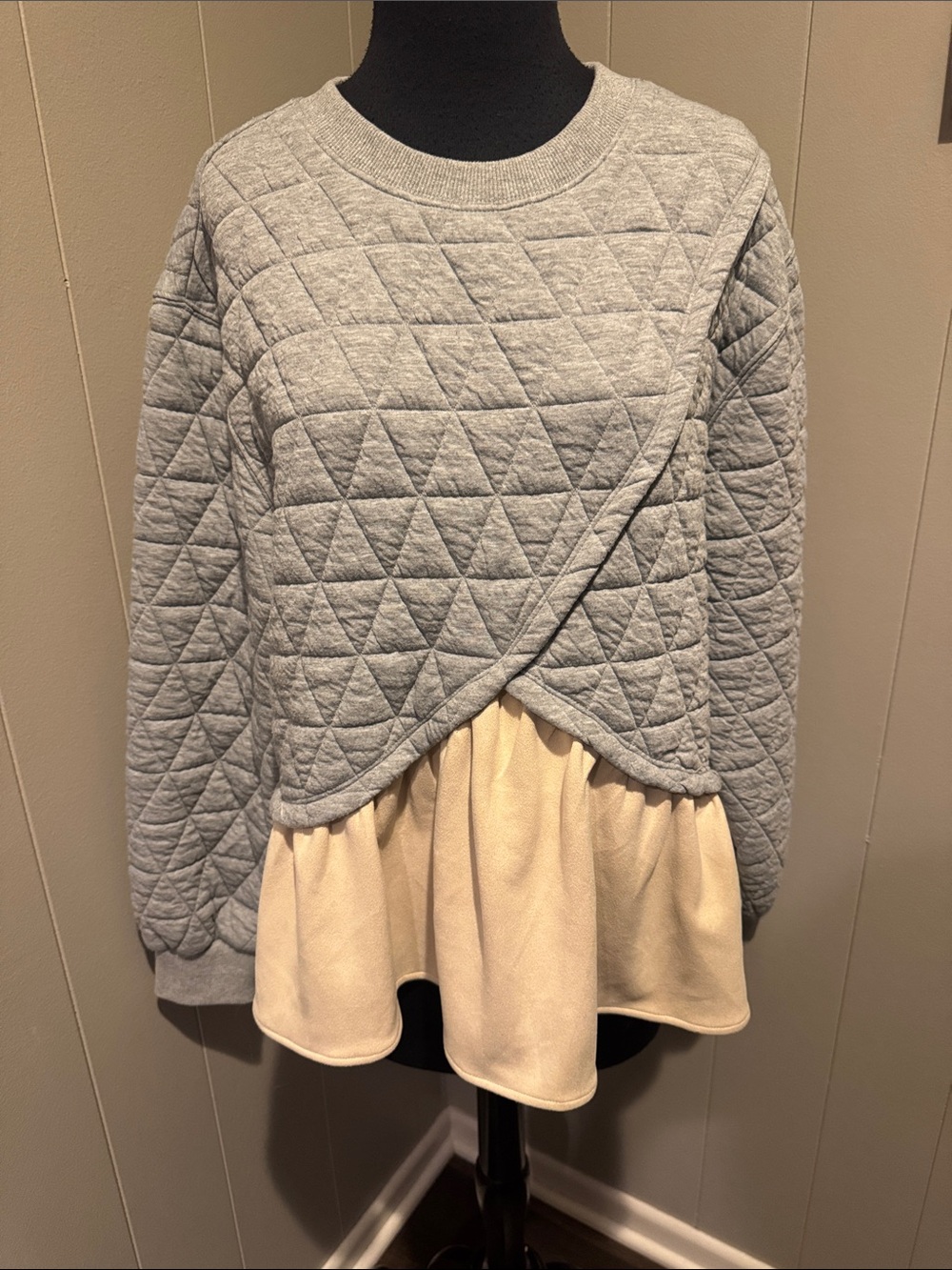 THML Gray Quilted Crewneck Faux Overlap Sweatshirt w/ Faux Suede Tan Ruffled Hem